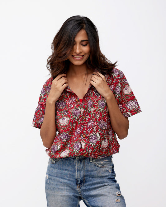 Red Lotus Print Cotton Shirt