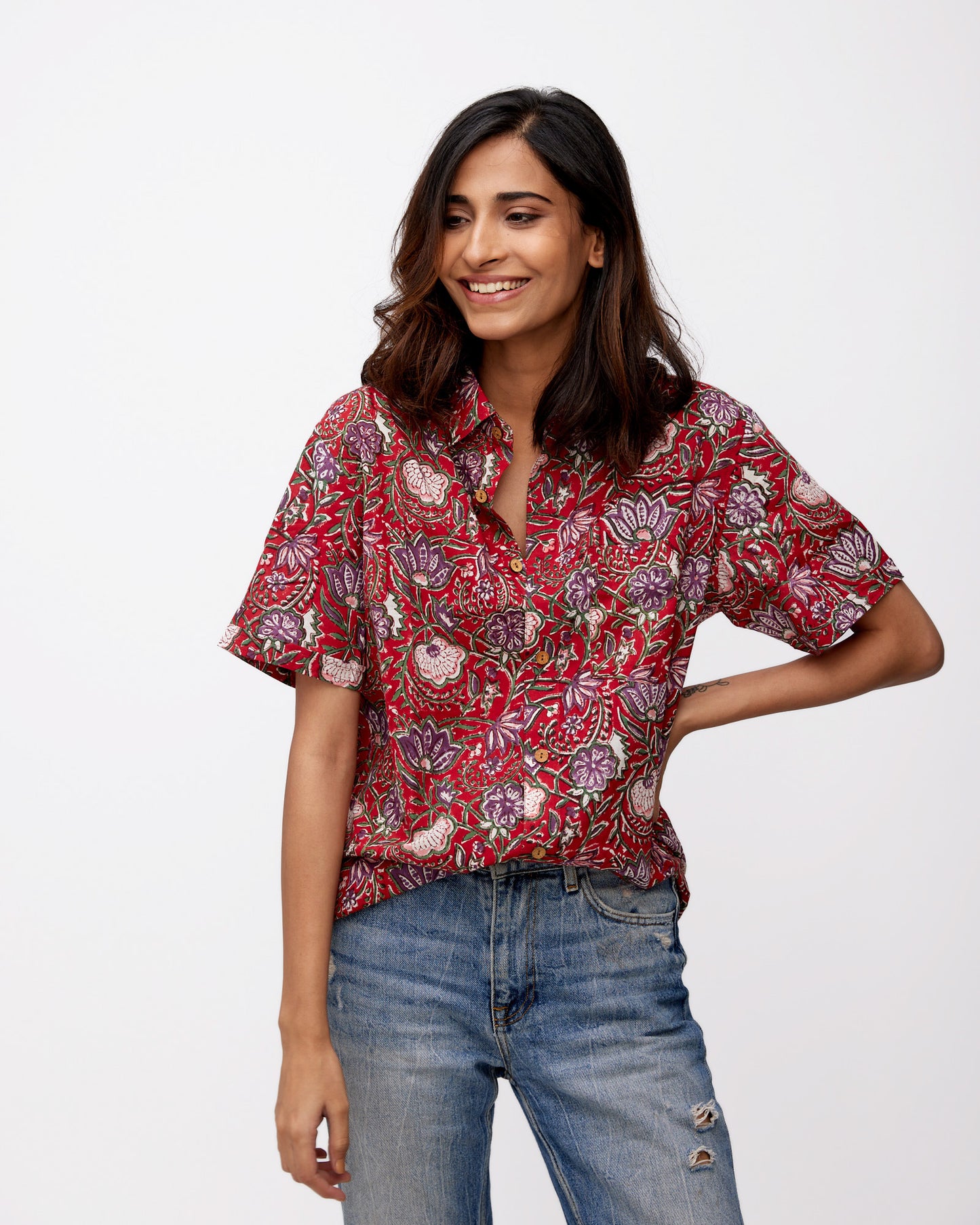 Red Lotus Print Cotton Shirt